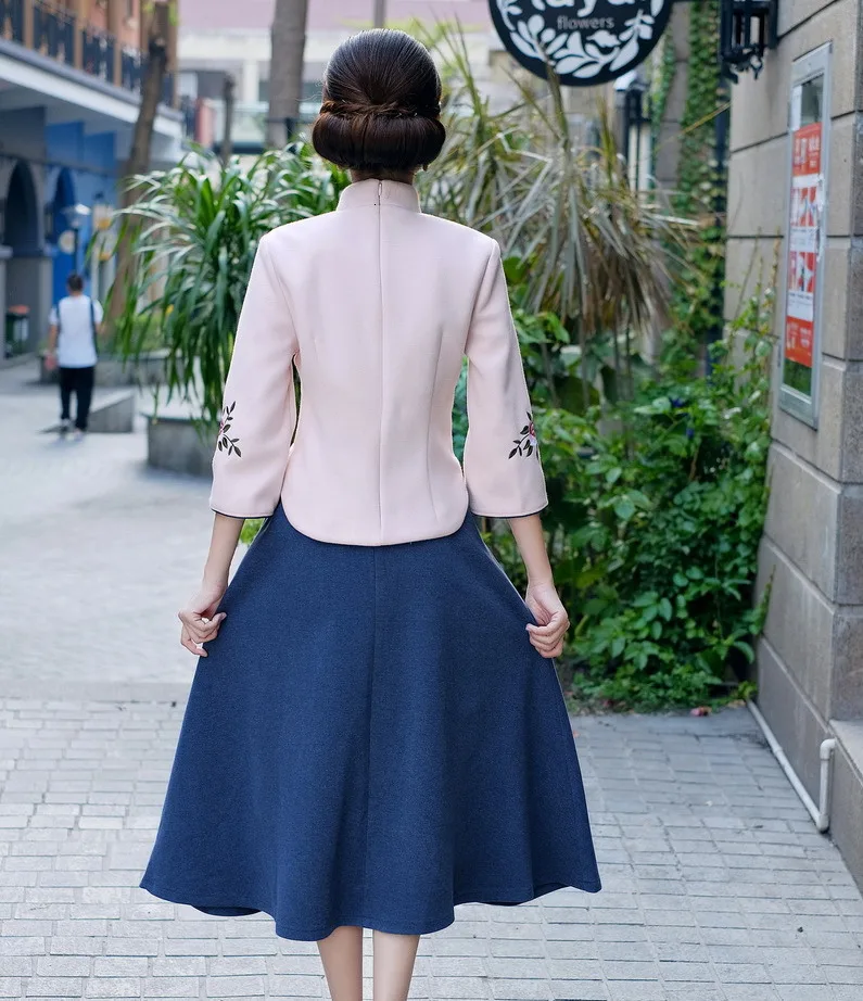 Sheng Coco Woolen Chinese Blouse Coat LadiesTraditional Chinese Shirts Embroidery Blouses Woolen Suit Classic Blue Suit