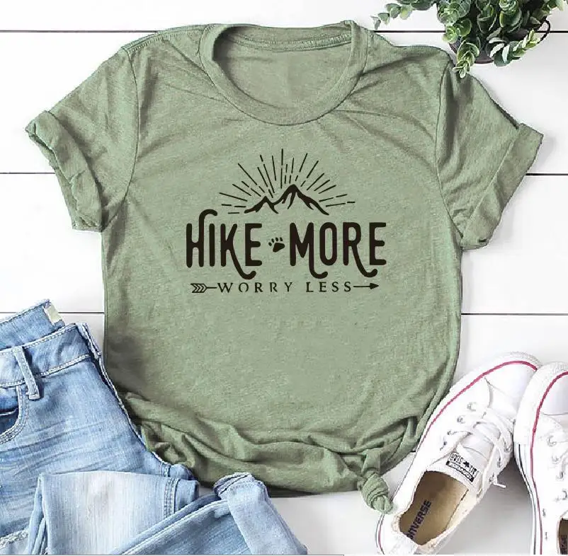 Hike More Worry Less футболка на открытом воздухе Wanderlust Футболка женская Стрела Приключения Кемпинг природа Топ Футболка короткий рукав женские топы - Цвет: light green black wo