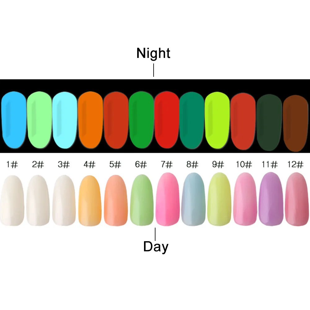 12 шт./компл. красочные пигментные Блестки для ногтей светится в темноте