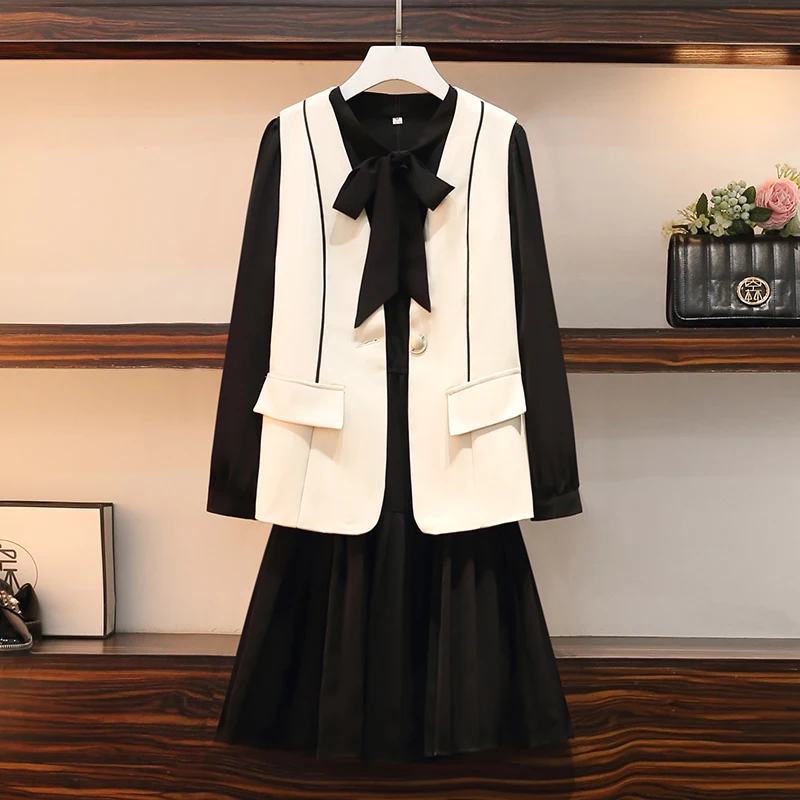 

Женский элегантный офисный комплект из двух предметов, однотонные платья с бантом на воротнике и длинным рукавом и Блейзер, жилет, костюмы в...