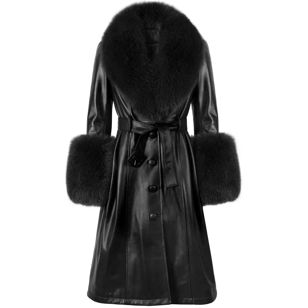 

Женский Длинный тренчкот из натуральной кожи с воротником из натурального Лисьего меха