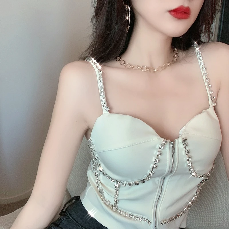 Summer Woman Short Sexy Streetwear Beading Strap Tanks Camis with Zipper YOU165