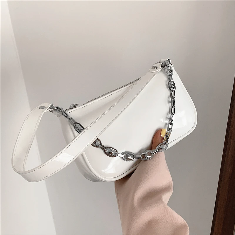 

Korean Style Patent PU Leather Small Chain-link Baguette Shoulder Bags For Women Brand Design Clutch High Quality Hand Bags 2021