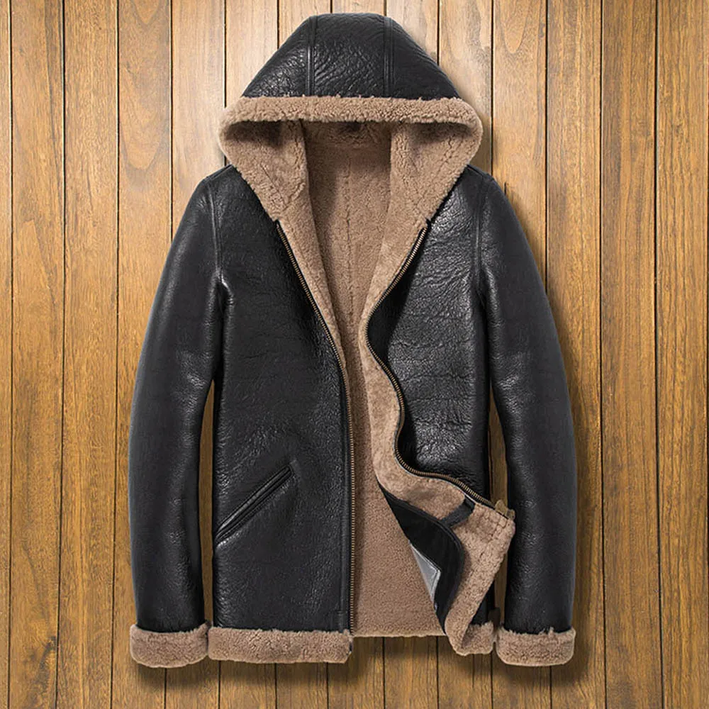 Шуба LUHAYESA мужская с капюшоном теплая натуральная овчина кожа коричневый черный