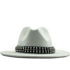 Men Women Wide Brim Wool Felt Fedora Panama Hat with Belt Buckle Jazz Trilby Cap Party Formal Top Hat In Pink,white