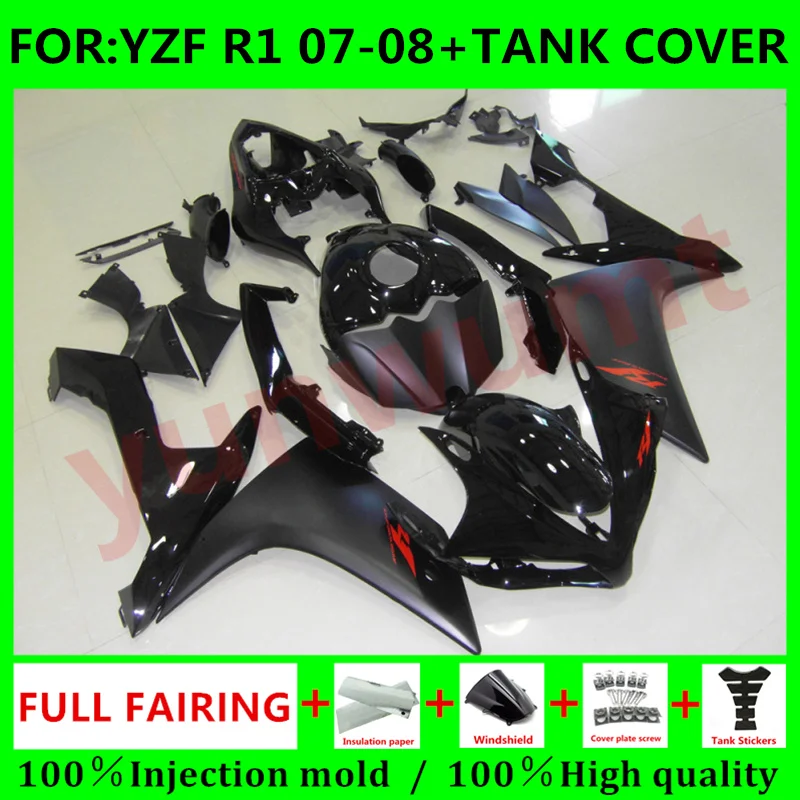 

Motorcycle Injection Mold Fairings + tank cover Kit Fit for YAMAHA YZF-R1 2007 2008 YZF R1 07 08 bodywork fairing set black