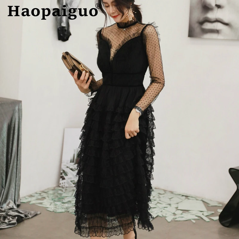 Большие размеры черная сетка пэчворк вечерние платья для женщин кружевной