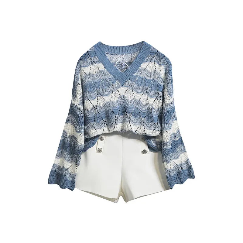 

Women Clothes Autumn Suit women 2020 new Korean style fashion loose knit hollow top High Waist Shorts two piece Set
