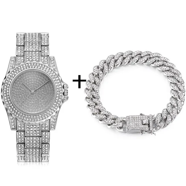 Silver watch Braclt Ожерелье в стиле хип-хоп+ часы+ браслет, полностью вымощенные стразы, кубинская цепочка в стиле кантри, золото, CZ, побрякушка для Мужчин, Ювелирные изделия - Окраска металла: Silver watch Braclt