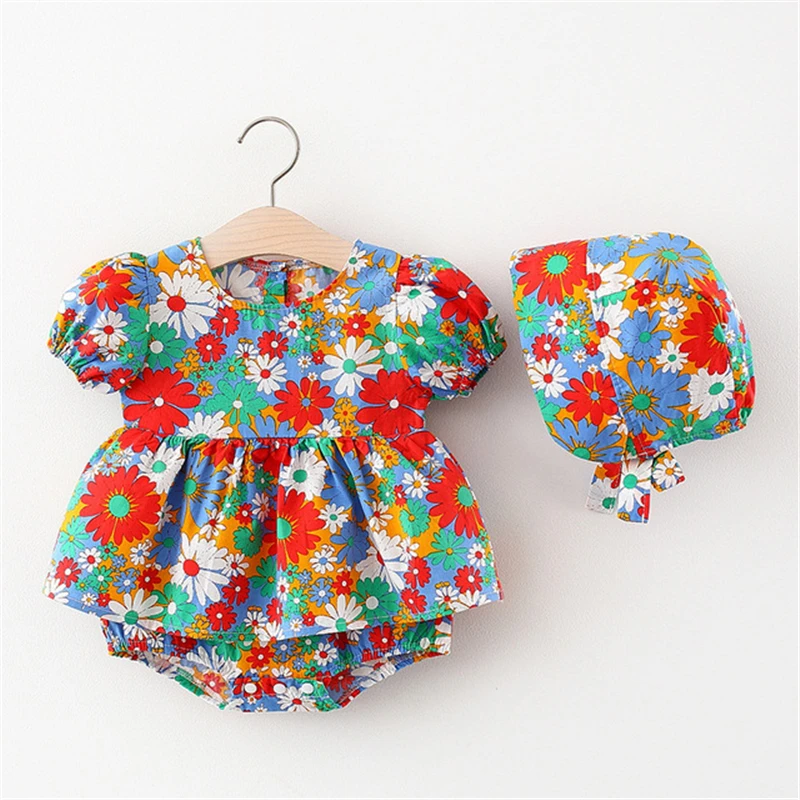 

Летняя одежда для маленьких девочек из 2 предметов с пышными рукавами и мультяшным принтом, боди-пачка с солнцезащитной шапкой, комплект оде...