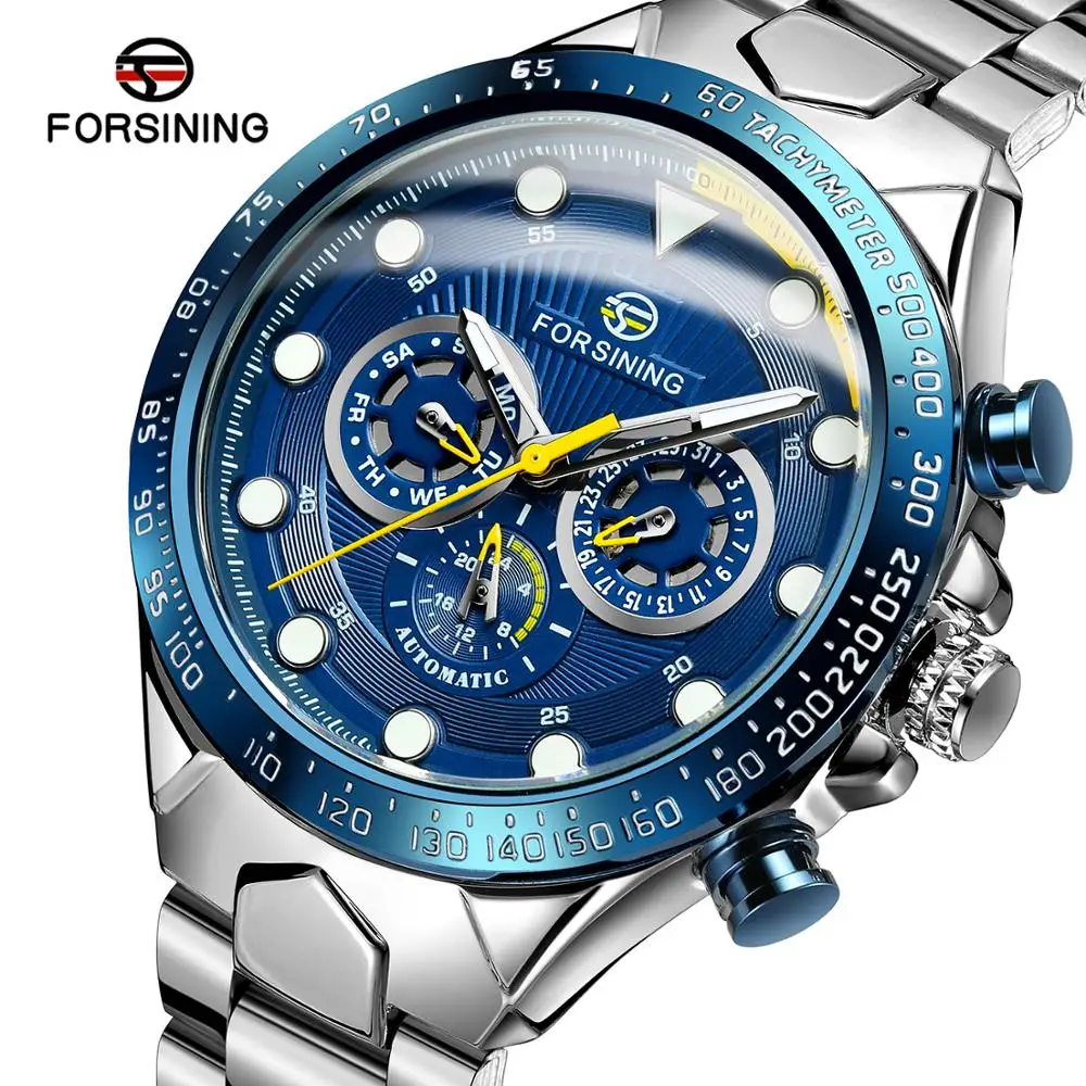 

Fashion Brand FORSINING Men Automatic Mechanical Watch Stainless steel Skeleton Blue Dial Wristwatches Relogio Masculino