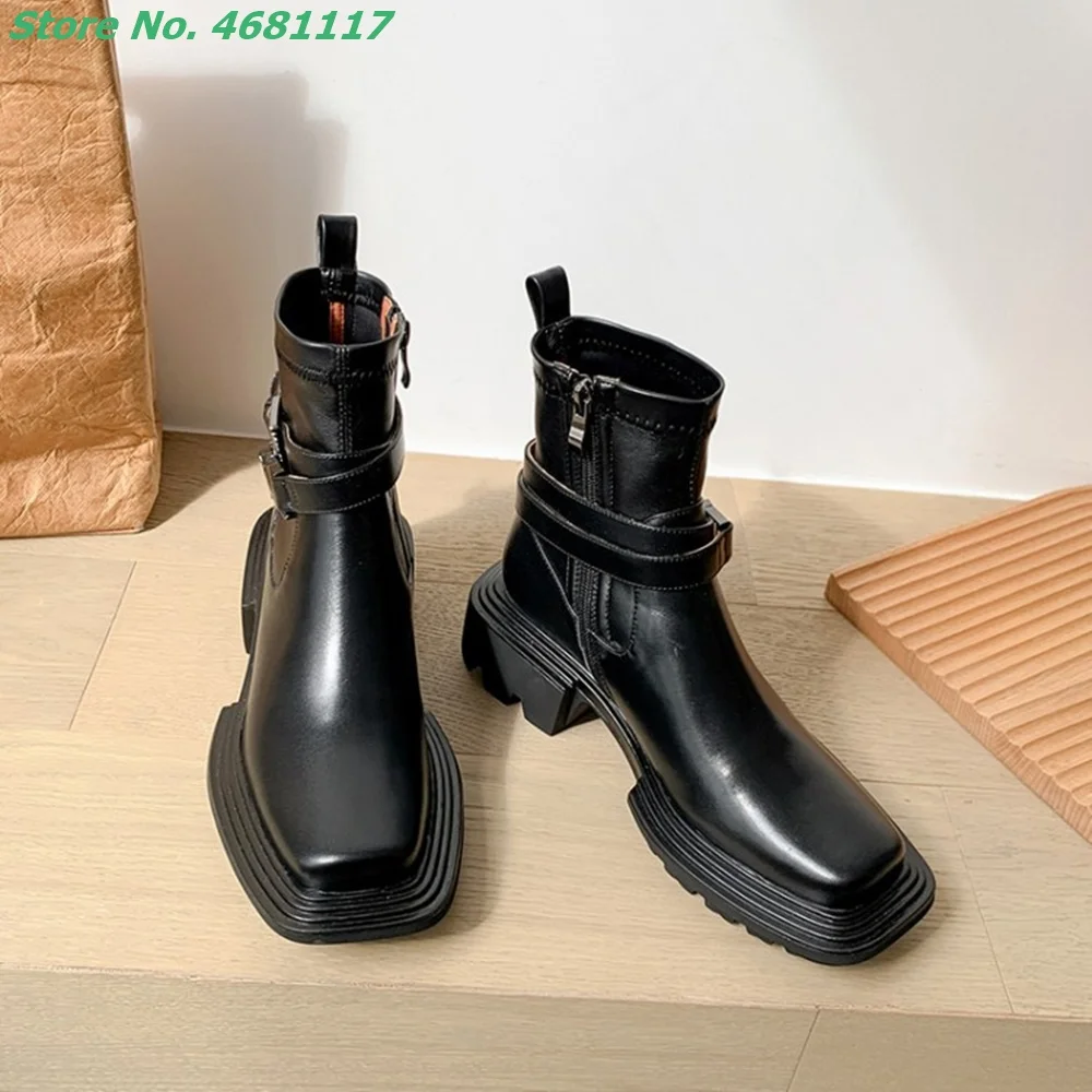 

Side Zipper Belt Buckle Sewing Martin Boots Outfit Round Toe Thin Med Block Heels Ankle Shoes Cow Leather Street Style Fashion