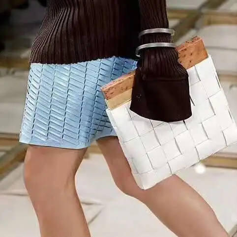 

real Leather clutch bags Wooden clip bag cow leather weave small bags