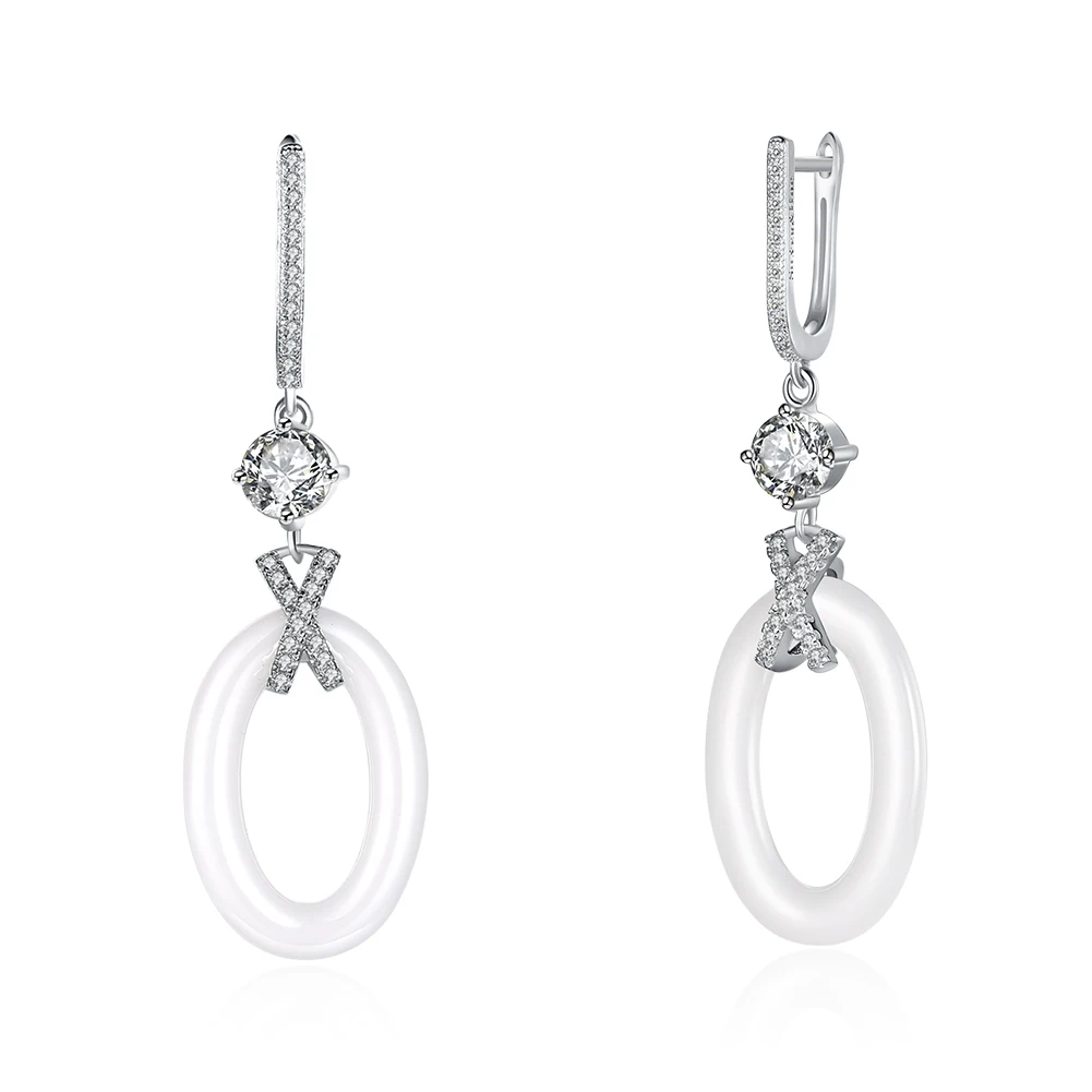 

ZEMIOR Drop Earrings For Women 925 Sterling Silver Shine 5A Clear Cubic Zirconia Hanging White Ceramic Earring Fine Jewelry