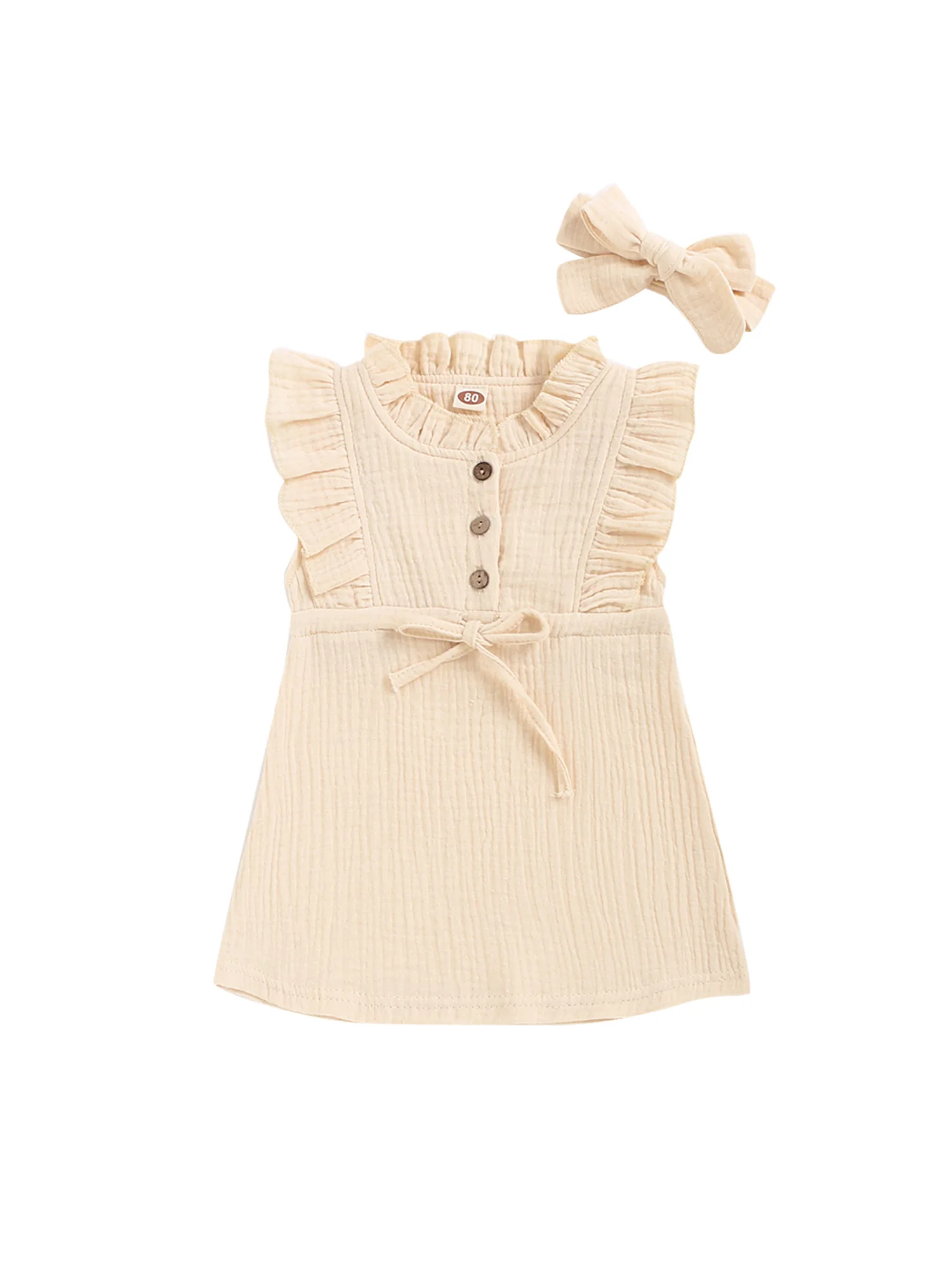 

Платье с оборками и повязкой на голову для маленькой девочки s модное однотонное платье трапециевидной формы с пуговицами и бантом для прин...