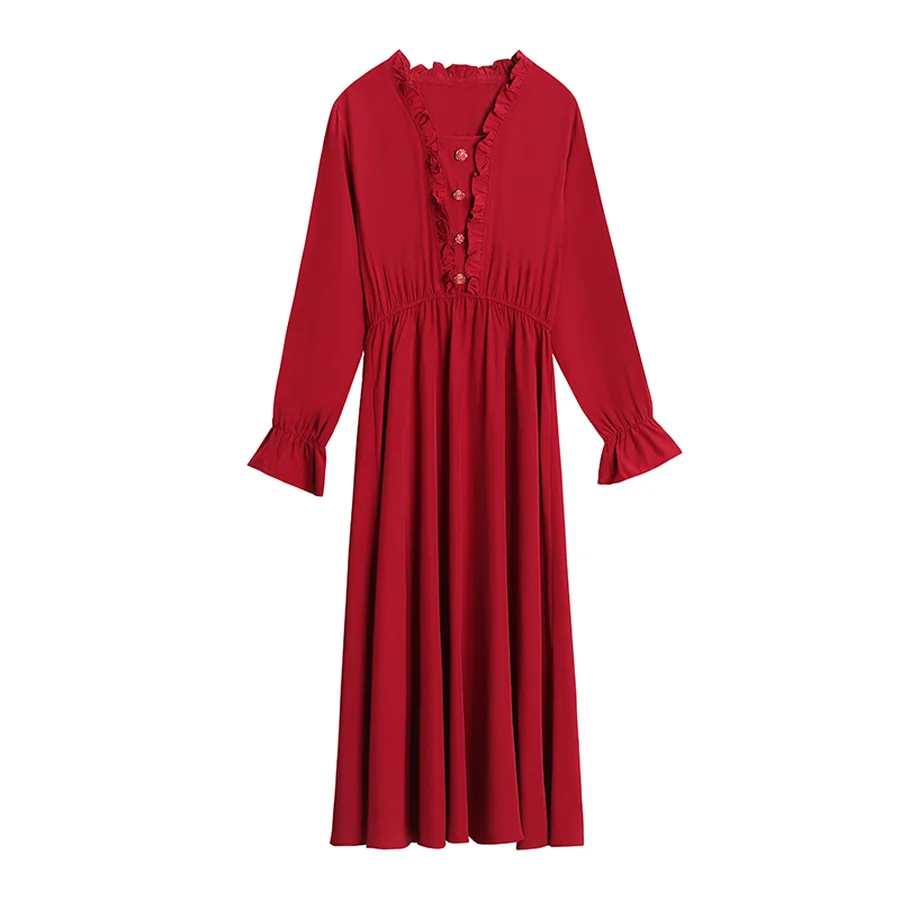 

2020 Spring Vintage Red Boho Dresses Solid Korean Long Sleeve Midi Dress Elegant Women Bodycon Party Vestidos Plus Size 4XL