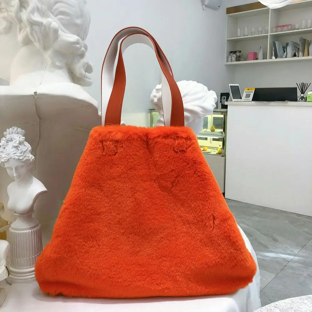 Оранжевый Женские меховые сумки из кроличьей шерсти Bolsa для женщин, зимняя Сумочка, Большая вместительная сумка через плечо, женская сумка с ручкой сверху - Цвет: Оранжевый
