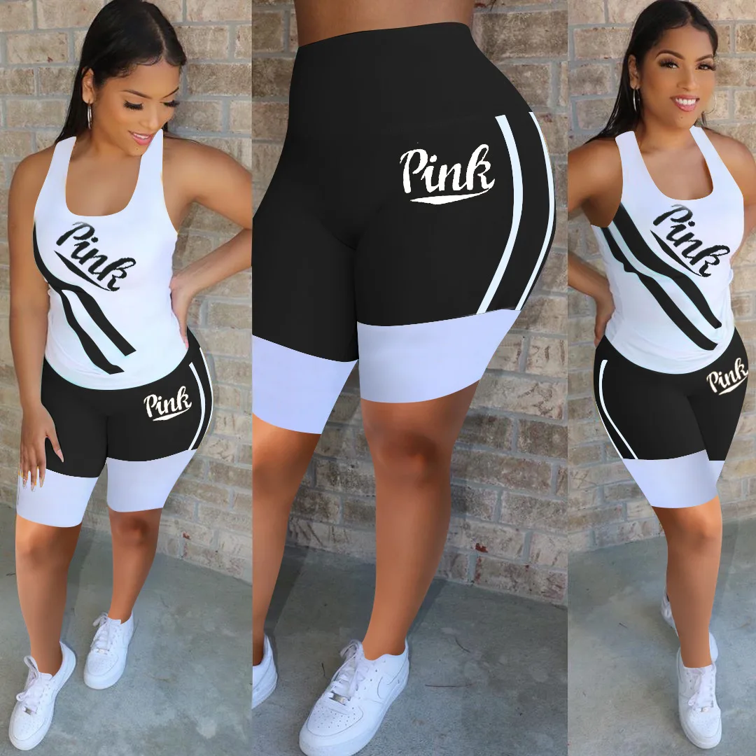 

43M6301 Summer Women Casual Two Piece Set Top and Letter Print Tank Shorts Pants Tracksuit Sweatsuit Outfits