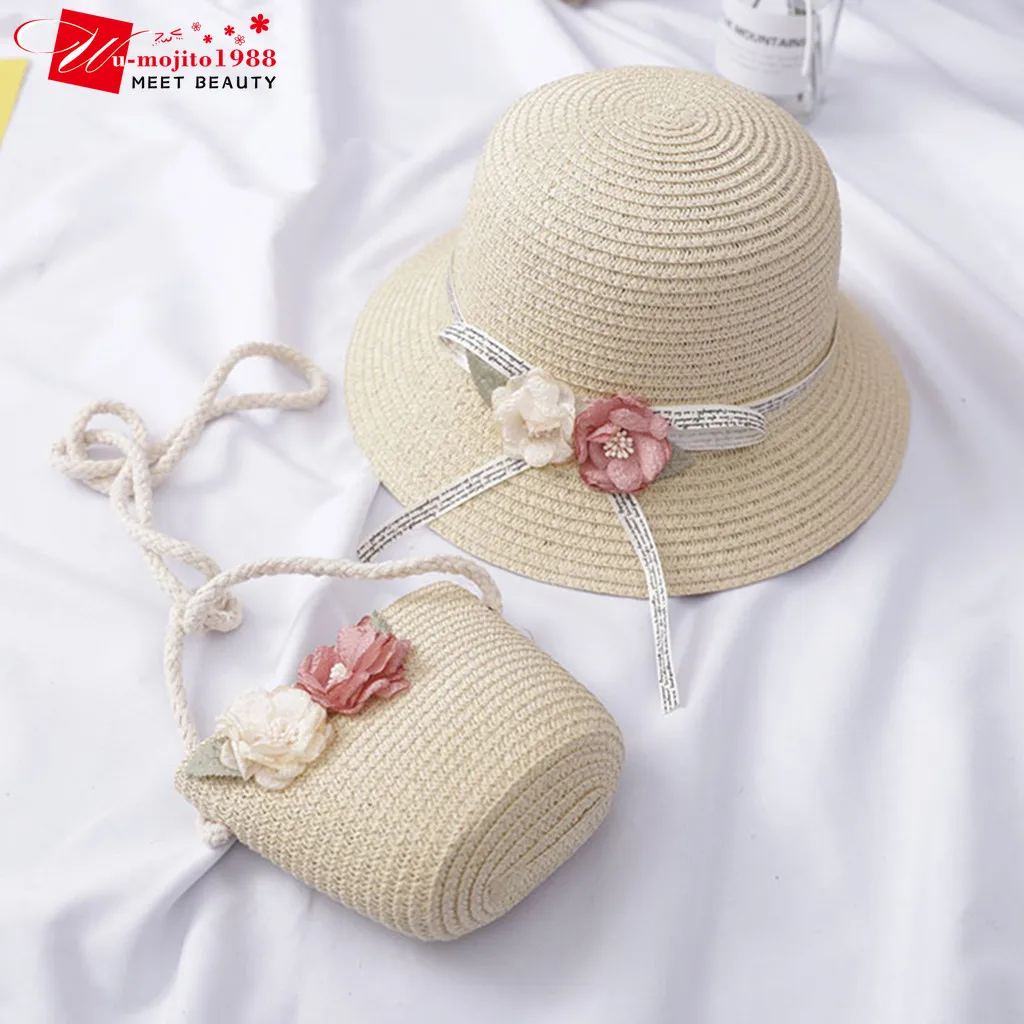 

Enfant Summer Sun Caps New Kids Girls Straw Hat Sun Hat Flower Children Sun Hat and Bag Set Pure Color Casquette Visor Hat