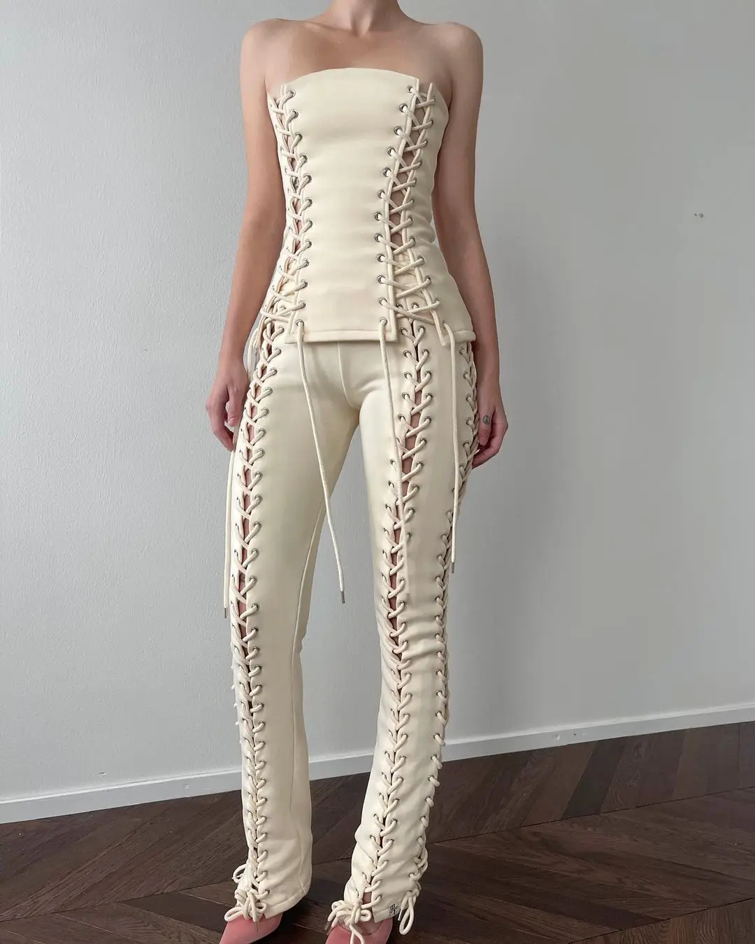 

XLLAIS Fashion Lace Up Bandage Pant Sets Strapless Top And Trousers Two Piece Outfits for Women Elegant Hight Streetwear