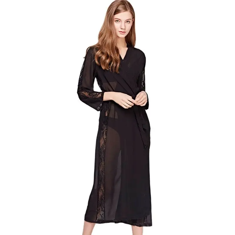 

Fashion New Silk Sleeping Robes Women Long-Sleeve Faux Silk Sleepwear Female Sexy Lace Long Bathrobe Comfortable Soft T0508