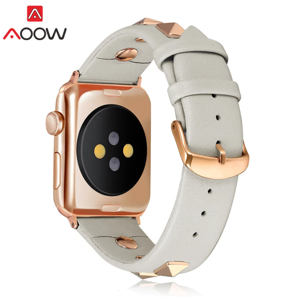 Ремешок для часов из натуральной кожи для Apple Watch 38 мм 40 мм 42 мм 44 мм модный ремешок с заклепками для iwatch 12 3 4 Мужской Женский браслет