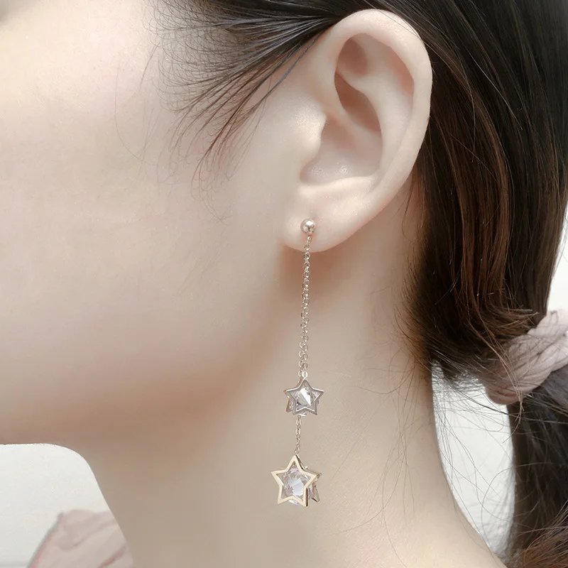 Розовое золото пентаграмма кисточкой серьги с цирконием для женщин нержавеющая