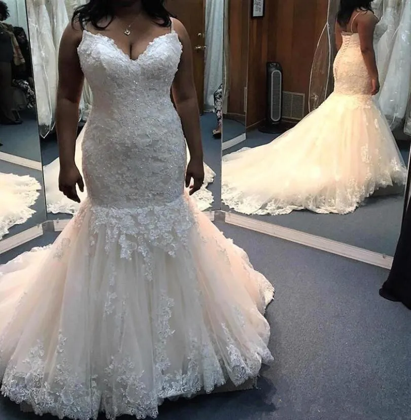 

Lace Applique Wedding Dresses Plus Size Spaghetti Court Train Wedding Gowns Back Lace-up Mermaid Style Custom Made Bridal gowns