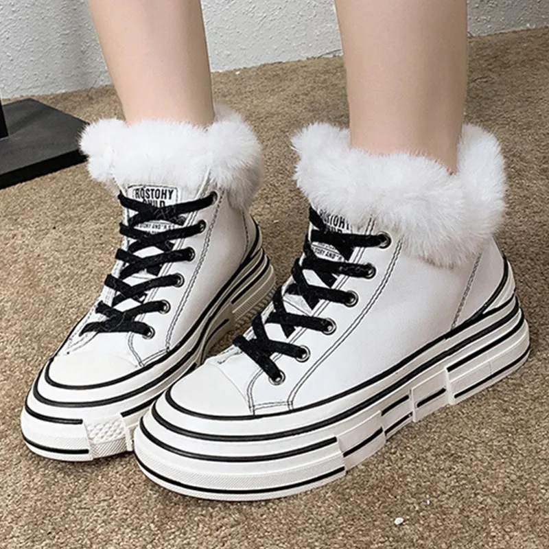 Shoes Woman Leather Winter Warm Plush Casual Vulcanized Lace-up chunky Platform Fur Ladies Increased Chunky Sneaker |