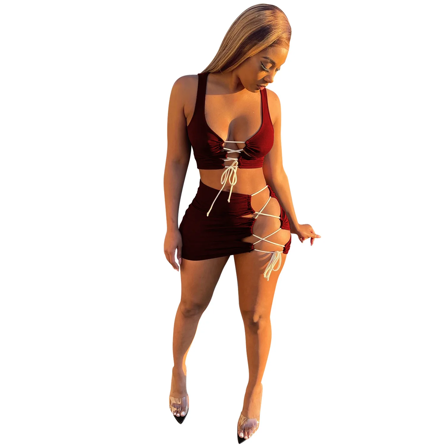 Цепью и шнурками Бандажное платье пикантные Клубные наряды милый комплект