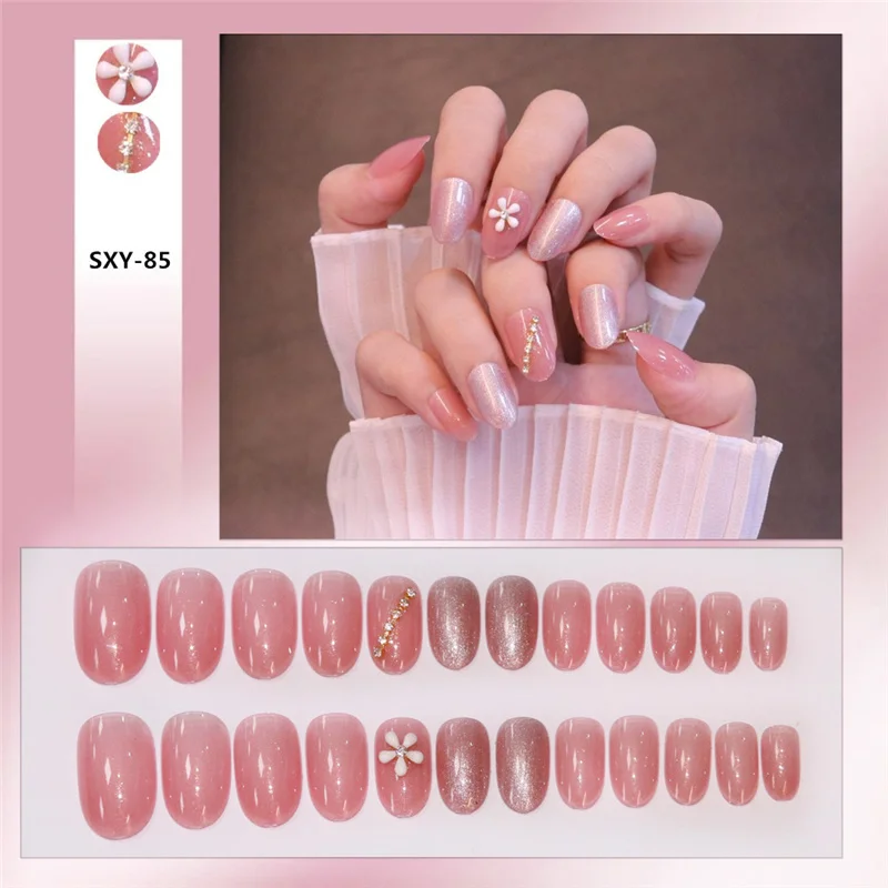 

24 шт., накладные ногти, блестящие, розовые цветы, принт, короткий абзац, модная Накладка для маникюра, полностью закрывающие украшения для но...