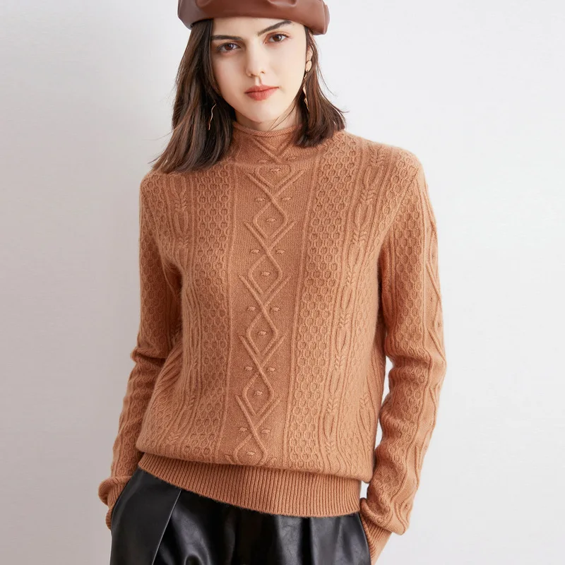 

Осенне-зимний вязаный кашемировый свитер с полувысоким воротником, женский теплый плотный витой свитер, 100% чистый кашемировый свободный св...