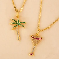 beach plant shiny wine glass charm necklace coconut tree pendant choker colorful pave zirconia for women minimalist jewelry gift
