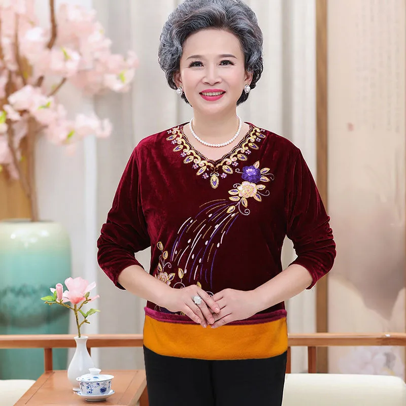 Женская бархатная блузка для пожилых женщин золотистая с длинным рукавом и