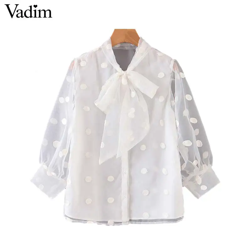 Vadim Женская белая блузка с галстуком бабочкой в горошек рубашки рукавами
