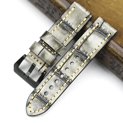 Gray Black buckle Ручной работы 24 мм серый желтый крокодиловый узор из натуральной кожи Ретро ремешок для часов браслет для PAM Big Pilot DZ ремешок для часов браслет - Цвет ремешка: Gray Black buckle