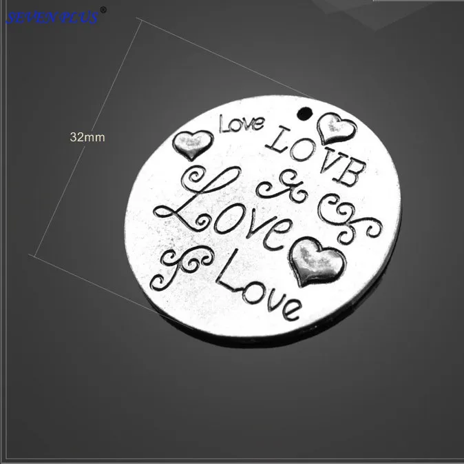 

High Quality 50 Pieces/Lot Diameter 32mm Antique Silver Plated Round Disc Letter Printed Love Pendants