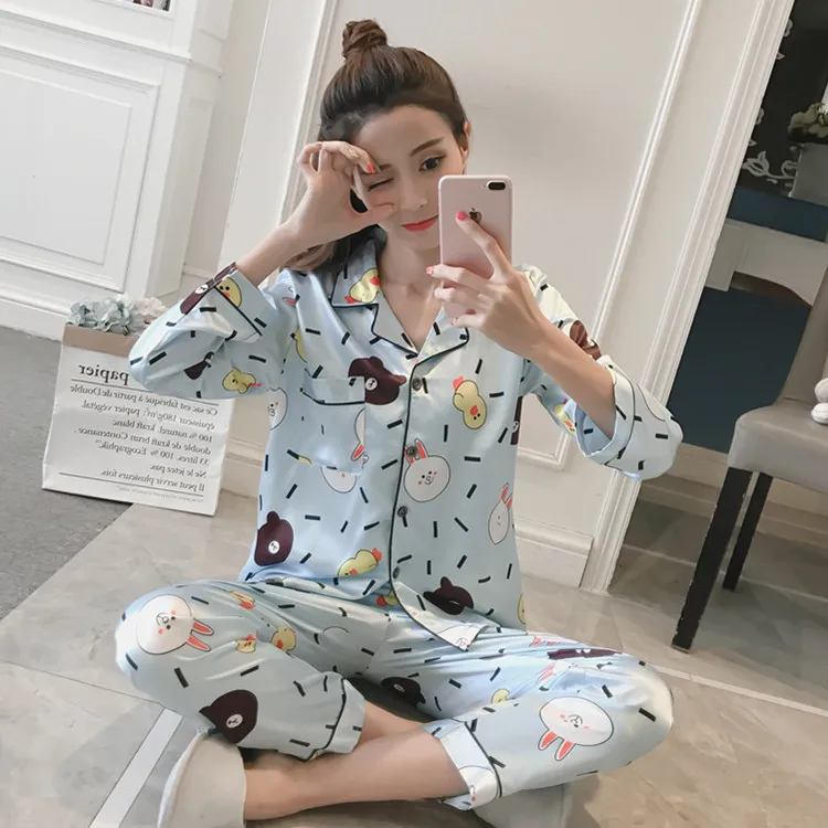 Комплект из 2 предметов женская пижама искусственный шелк принт отложной