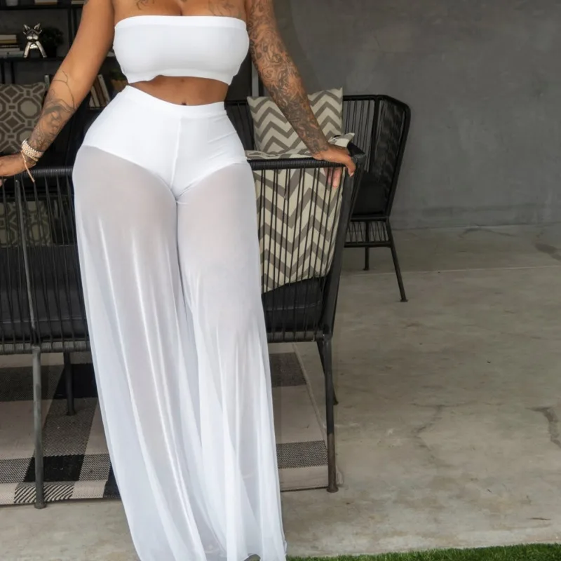 

Off Shoulder Mesh Bandage Sexy Two Piece Set Top Pants Suits Club Matching Outfits Summer Women See Through Club 2 Piece Sets