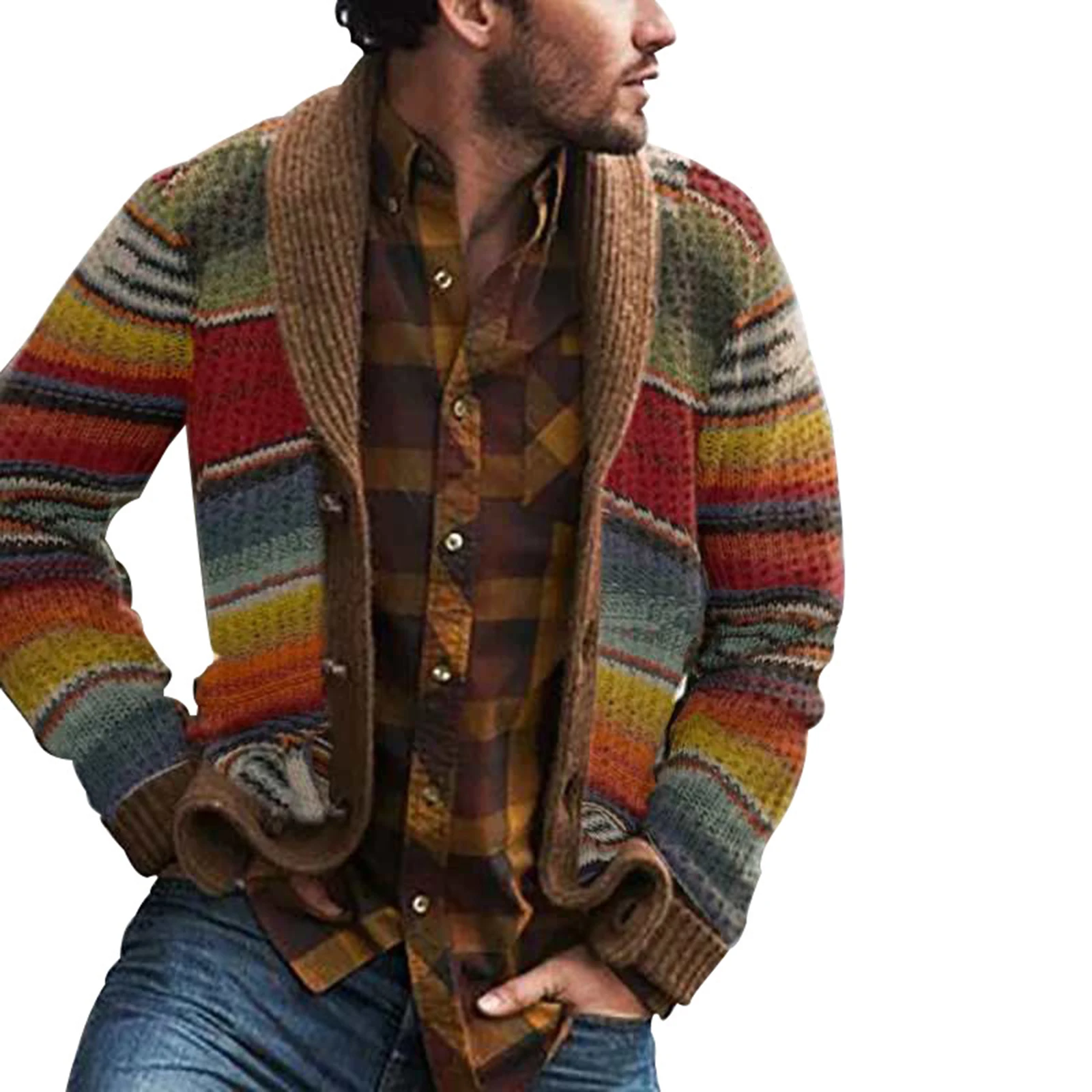 

Western Style Sweater Cardigan Men's Knitwear Blocks Rainbow Striped Sweater Loose Coat TT@88