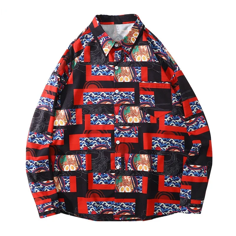 

Harajuku Shirts Japanese Ukiyo-e Ramen Print Shirt Streetwear Hip Hop Loose Long Sleeve Casual Blouse Fashion Tops