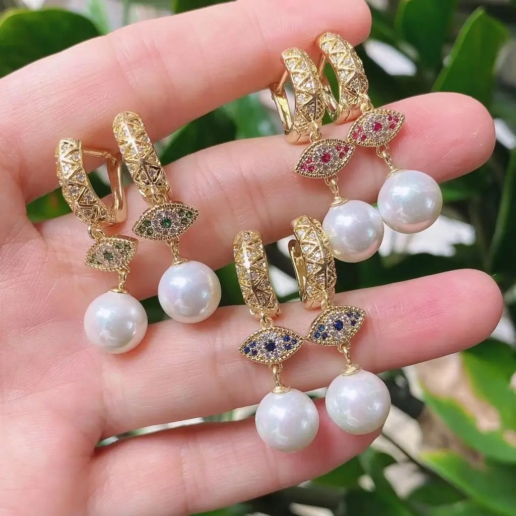 

3Pairs Pearl Shell drop earrings brass micro pave Cz eye dangle earrings Crystal Zircon Wedding Elegant piercing for women