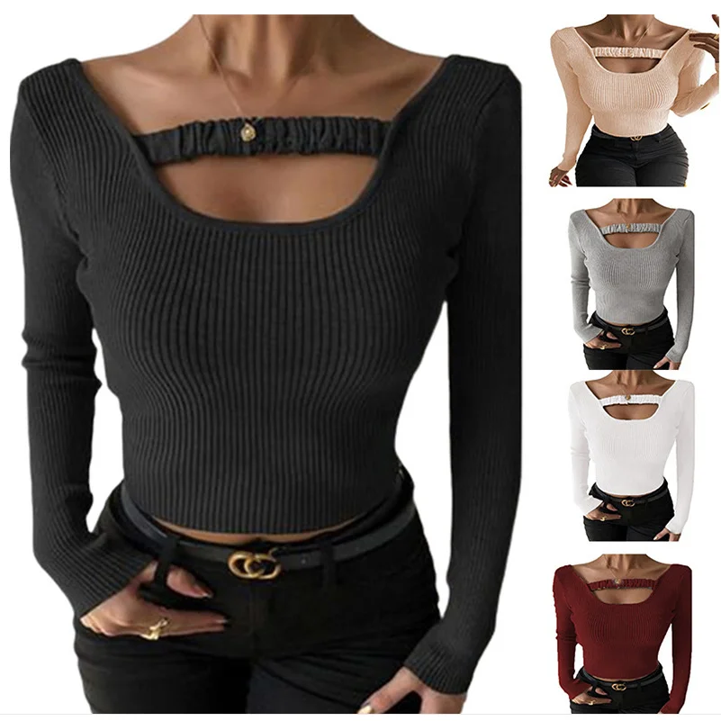 Europe And The United States 2022 New Autumn And Winter Women's Popular Pure Color Sexy Round Neck Slim Long Sleeve T-Shirt Top