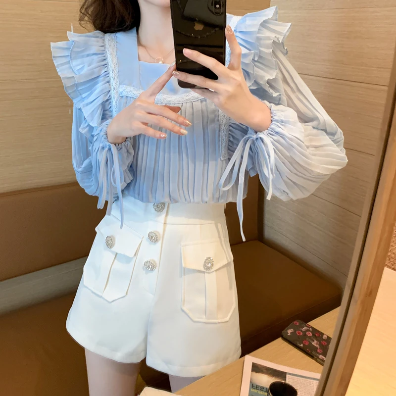 

COIGARSAM Blouse Women Autumn 2021 New Long Sleeve Chiffon Square Collar Blue Blusas Womens Tops And Blouses