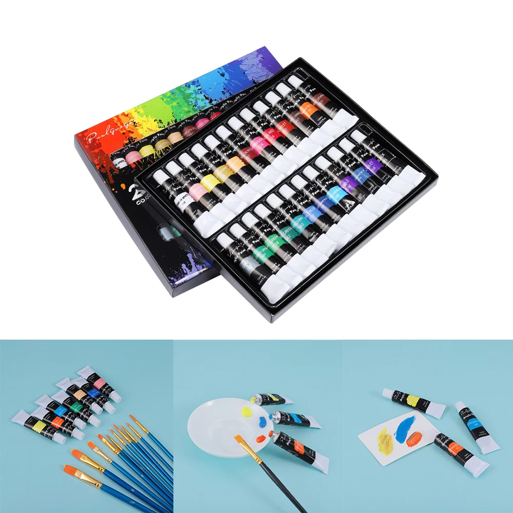 

1Set 24Colors Acrylic Paints Art Brushes Palette Supplies Pigment Colors For Painters Kids Canvas Wood DIY Painting Accessories