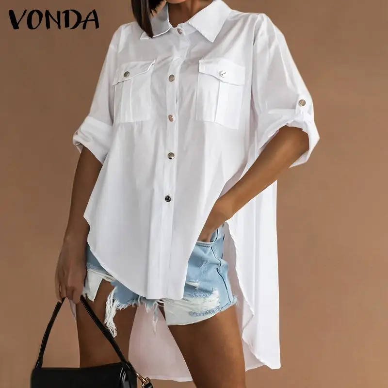 

Повседневные Асимметричные рубашки с длинным рукавом 2021 VONDA, Женские однотонные топы, женские офисные рубашки с отложным воротником, блузки...