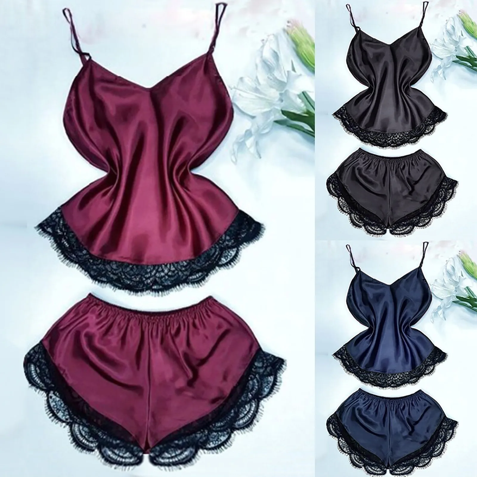 

2pc Sexy Lace Solid Pajama Set Women Satin Silk Sleepwear Temptation Babydoll Sleeveless Strap Nightwear Cami Top Shorts Set