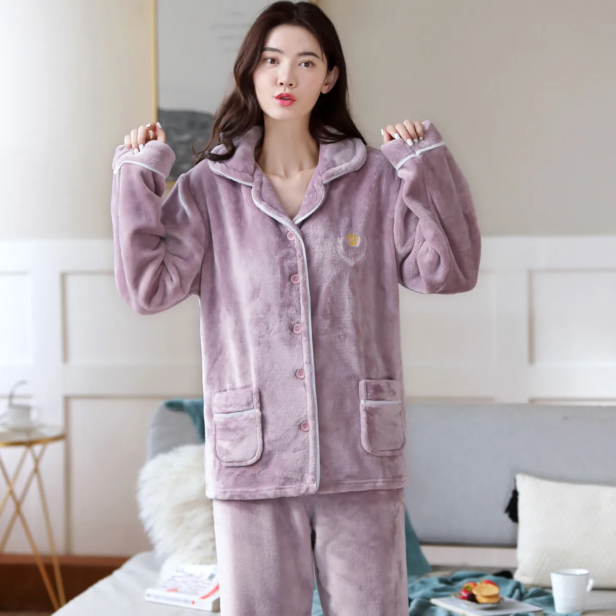 

Womens Flannel Purple Pajamas Pyjamas Sets Long Sleeve Sleepwear Pijama Pajamas Suit Female Sleep Two Piece Set Loungewear