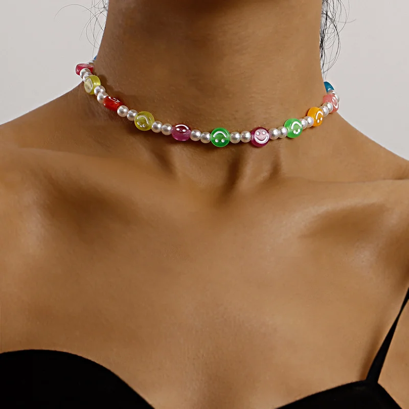 

Boho Ethnic Colorful Acrylic Round Smile Pearl Bead Choker Pendant Chain Necklace for Women Wedding Party Fashion Jewelry Gift