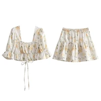 2022 womens summer elegant floral print cut short bow tops with skirt suits girls vintage square collar tops high waist skirt